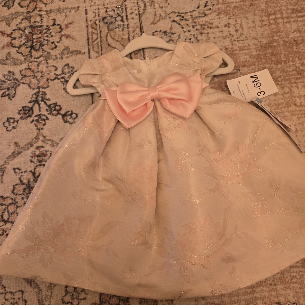 Bonnie Baby Cream Dress with Pink Bow